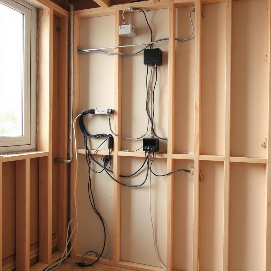 Elarbete i regelvägg under pågående renovering